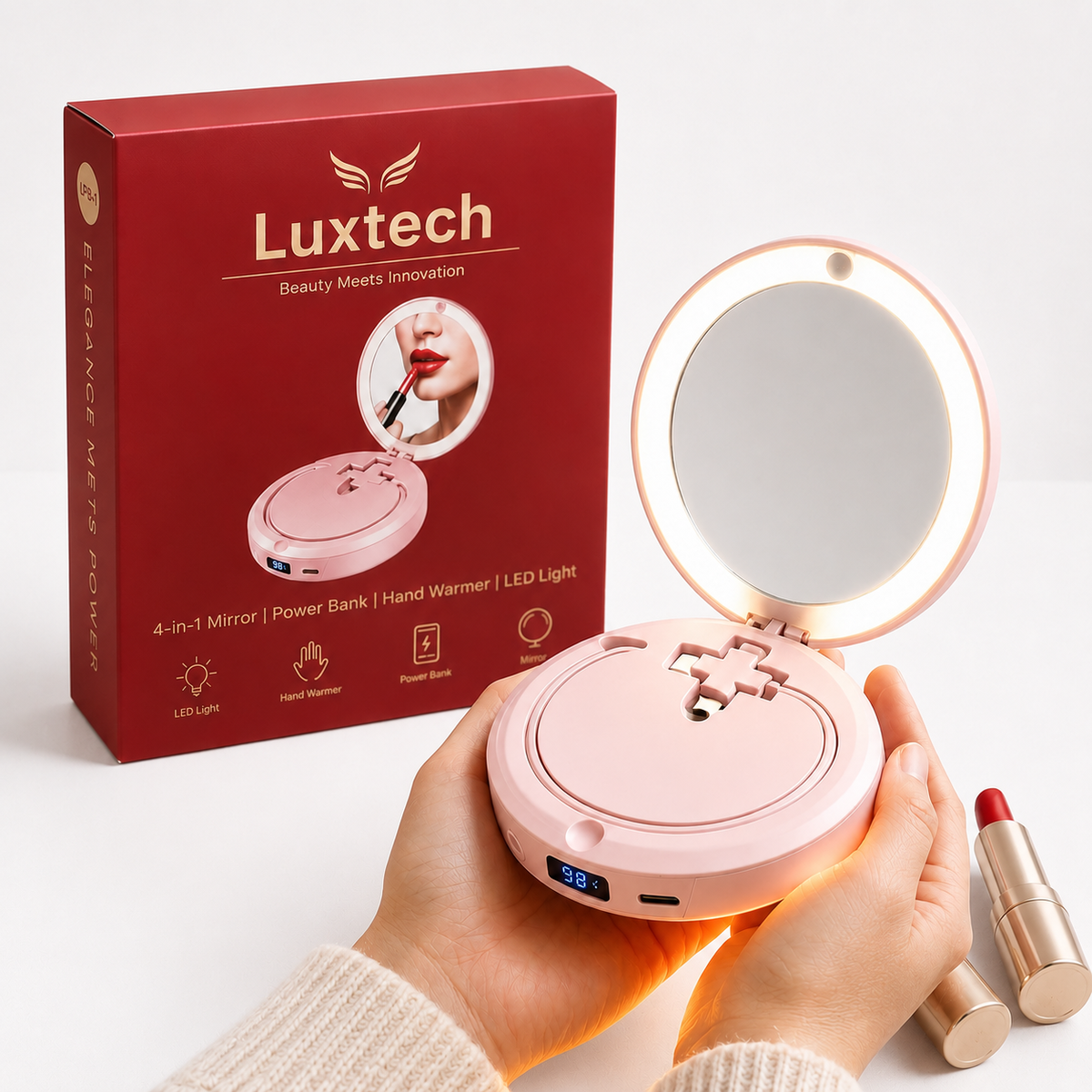 Powerbank LUXTECH 4 w 1 – lusterko do makijażu – światło LED – ogrzewacz dłoni