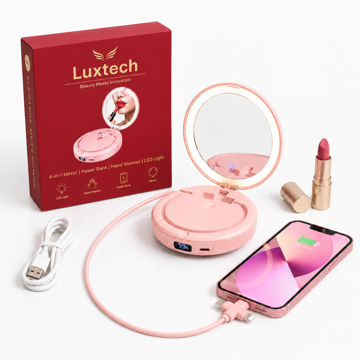 Powerbank LUXTECH 4 w 1 – lusterko do makijażu – światło LED – ogrzewacz dłoni