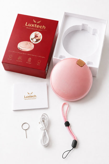 Powerbank LUXTECH 4 w 1 – lusterko do makijażu – światło LED – ogrzewacz dłoni