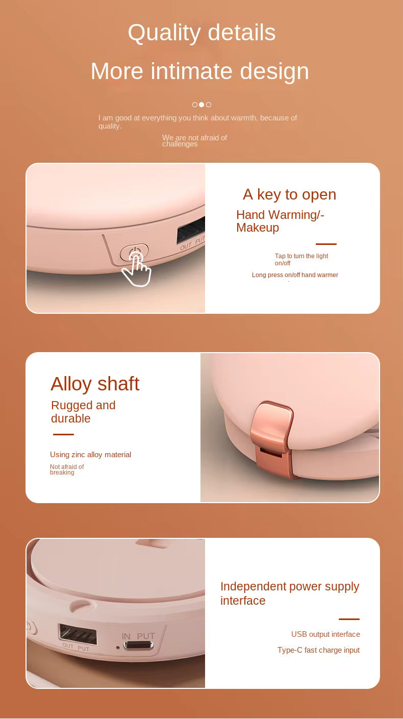 Powerbank LUXTECH 4 w 1 – lusterko do makijażu – światło LED – ogrzewacz dłoni