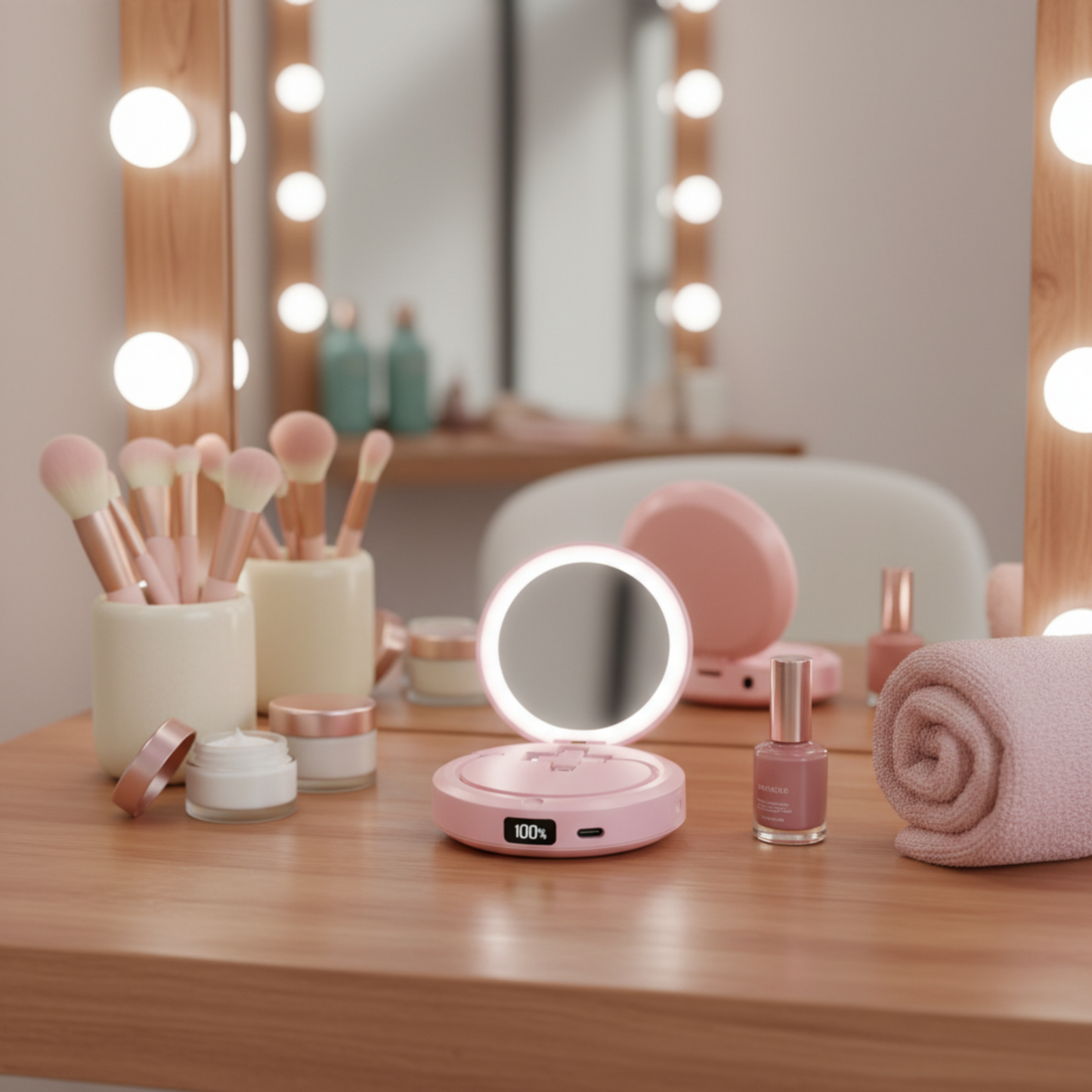 Powerbank LUXTECH 4 w 1 – lusterko do makijażu – światło LED – ogrzewacz dłoni