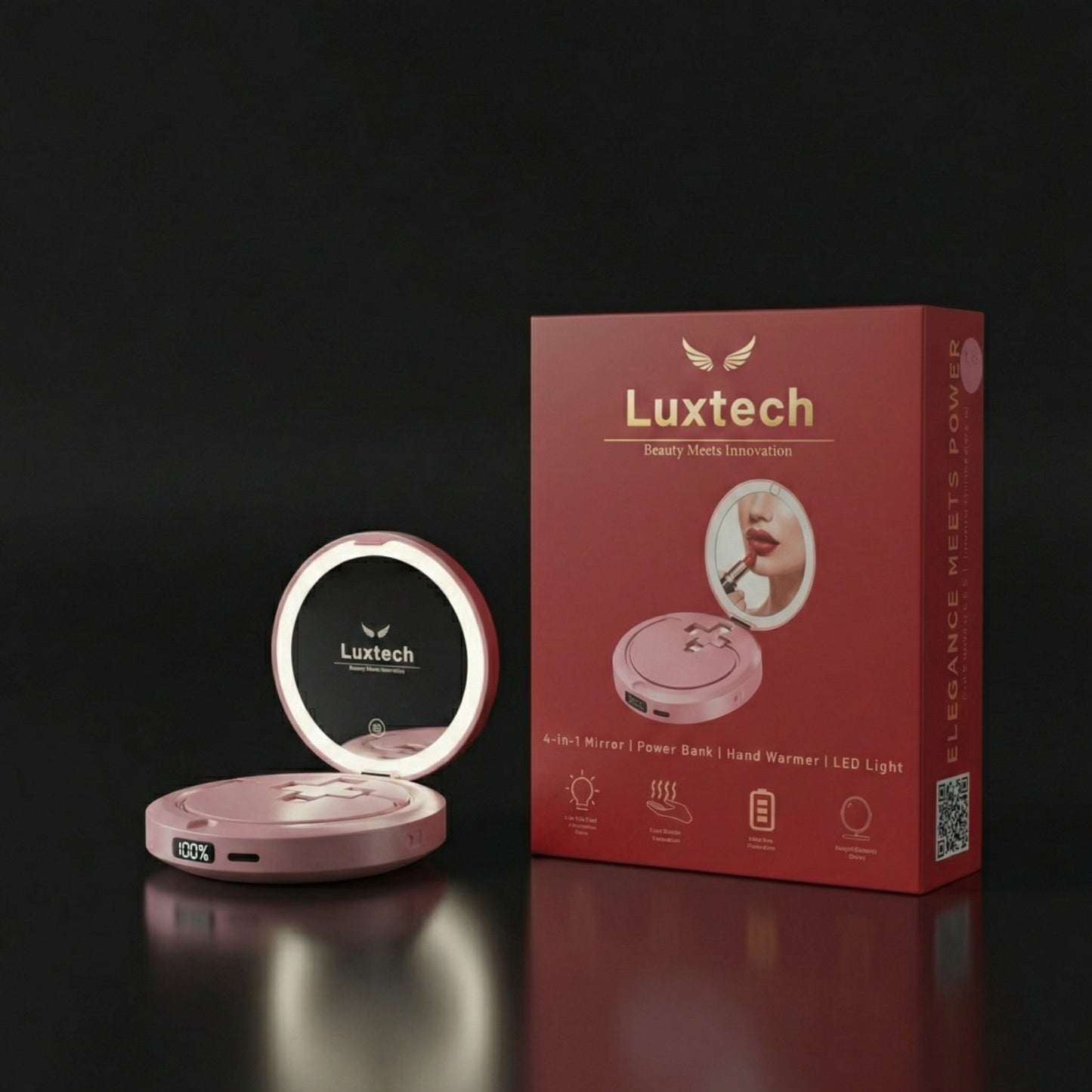 Powerbank LUXTECH 4 w 1 – lusterko do makijażu – światło LED – ogrzewacz dłoni