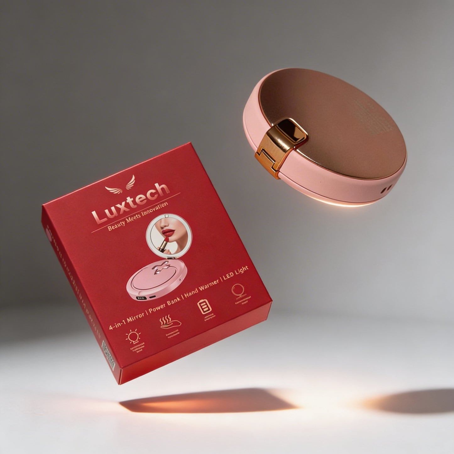 Powerbank LUXTECH 4 w 1 – lusterko do makijażu – światło LED – ogrzewacz dłoni